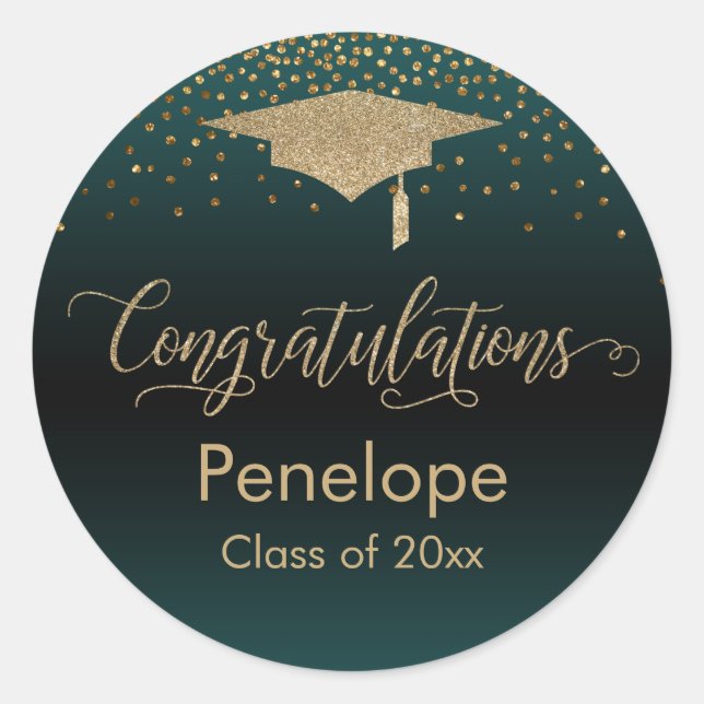 Congratulations Gold Confetti Graduation Teal Classic Round Sticker (Front)