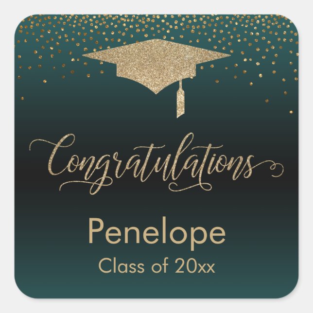 Congratulations Gold Confetti Graduation Teal Square Sticker (Front)
