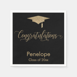 Congratulations Gold Glitter Graduation Cap, Black Napkin
