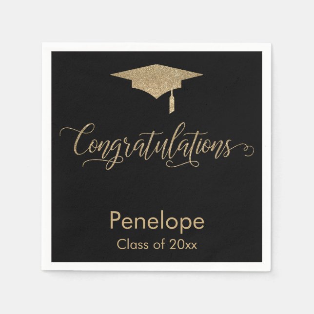 Congratulations Gold Glitter Graduation Cap, Black Napkin (Front)