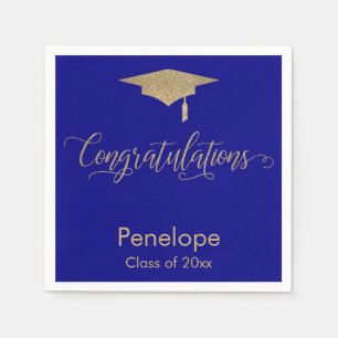 Congratulations Gold Glitter Graduation Cap, Blue Napkin