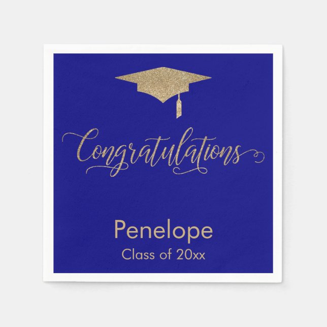 Congratulations Gold Glitter Graduation Cap, Blue Napkin (Front)