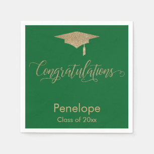 Congratulations Gold Glitter Graduation Cap, Green Napkin