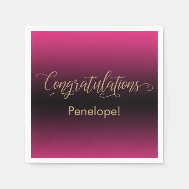 Congratulations Gold Glitter Hot Pink Black Ombre Napkin (Front)