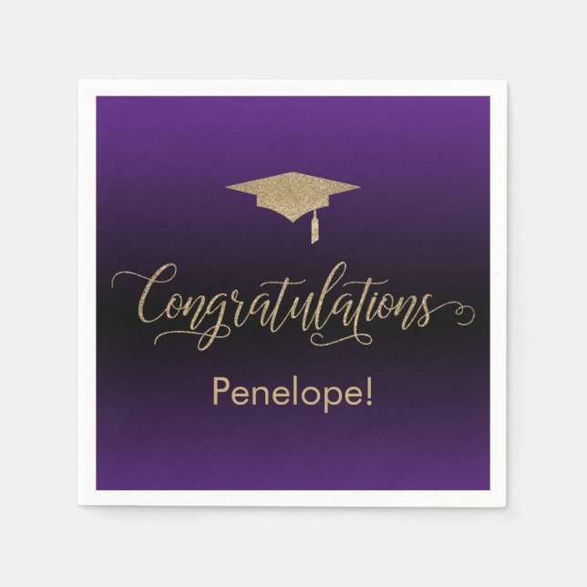 Congratulations Gold Glitter Purple Black Ombre Napkin (Front)