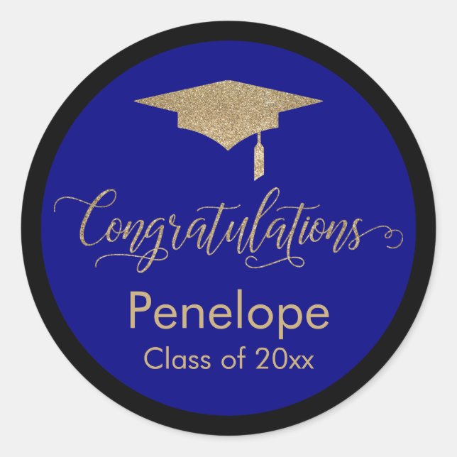 Congratulations Gold Graduation Cap Blue Classic Round Sticker (Front)