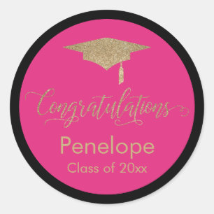 Congratulations Gold Graduation Cap Hot Pink Classic Round Sticker