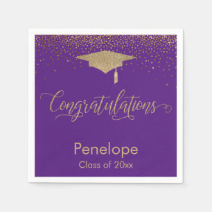 Congratulations Gold Graduation Cap Purple Napkin