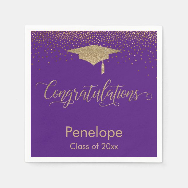 Congratulations Gold Graduation Cap Purple Napkin (Front)