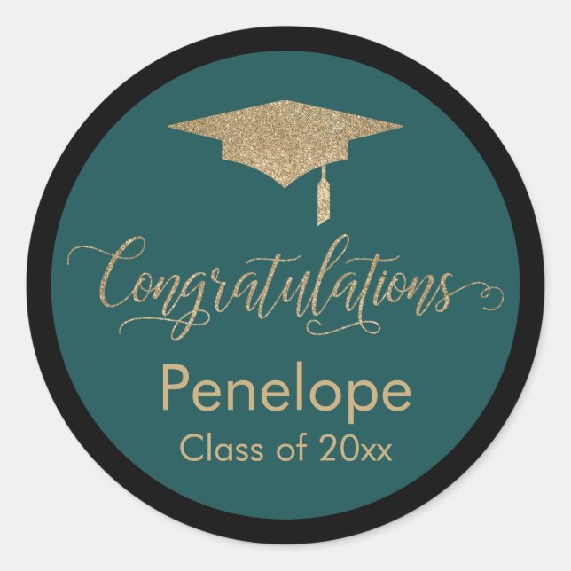 Congratulations Gold Graduation Cap Teal Classic Round Sticker (Front)