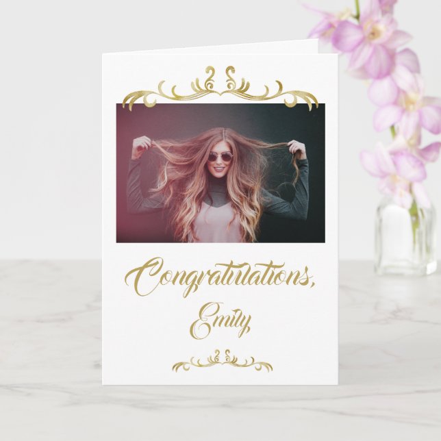 Congratulations Gold Ornaments Photo Graduation Card (Orchid)