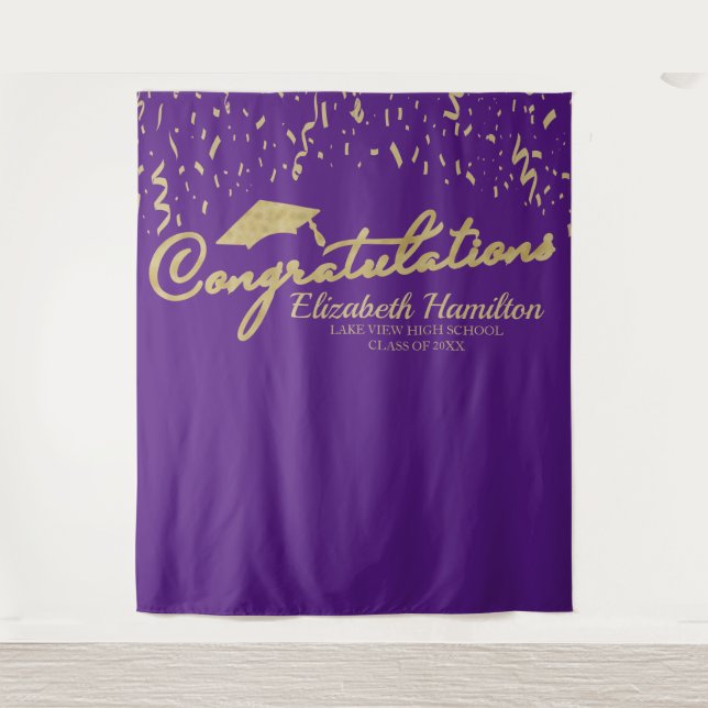 Congratulations Gold Purple Graduation Backdrop Tapestry (Front)