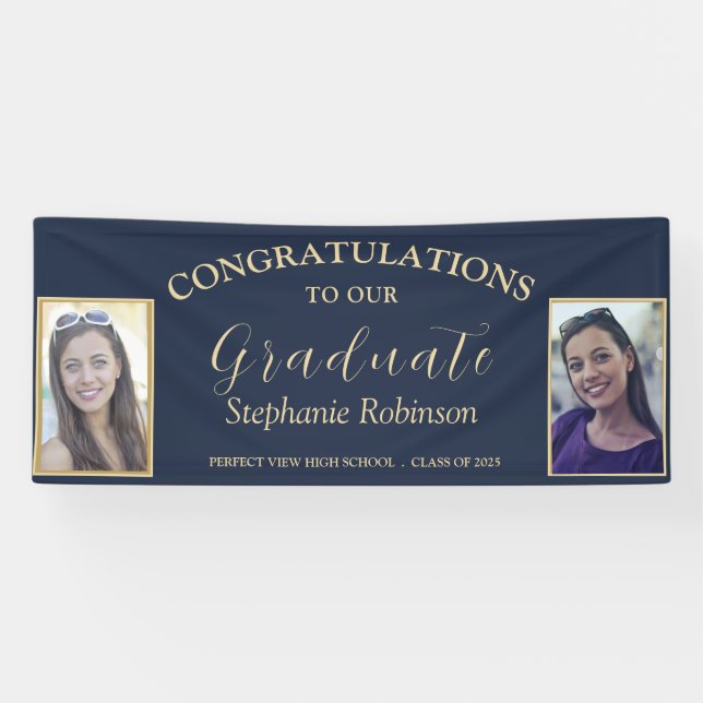 Congratulations Gold Script 2 Photo Grad Blue Banner (Horizontal)
