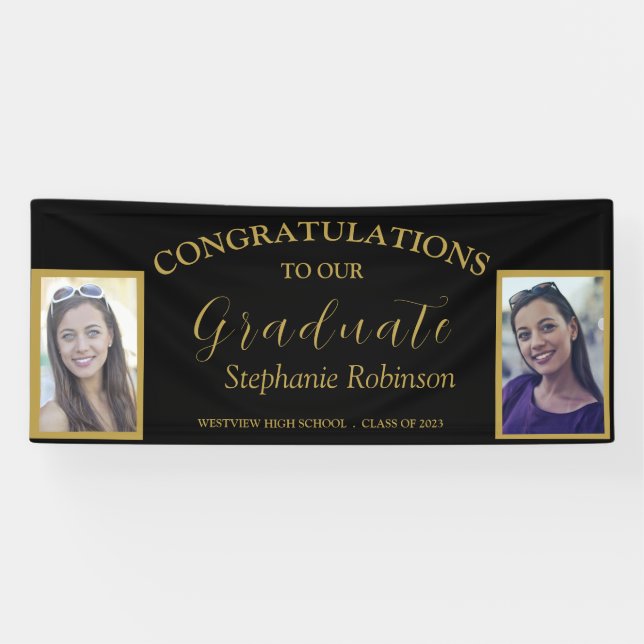 Congratulations Gold Script 2 Photo Graduation Banner (Horizontal)