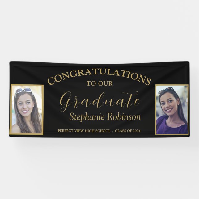 Congratulations Gold Script 2 Photo Graduation Banner (Horizontal)