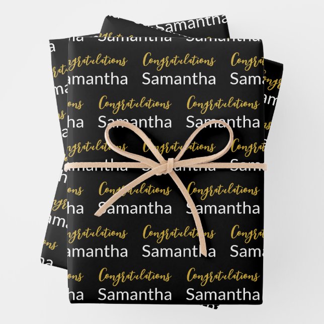 Congratulations Gold Script Black and White Name Wrapping Paper Sheet (In situ)