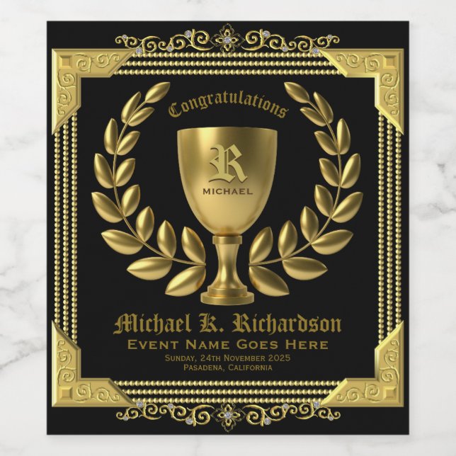 Congratulations Golden Cup Laurel Wreath Monogram Wine Label (Single Label)