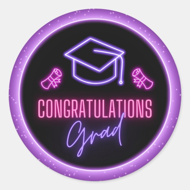 congratulations grad, black pink purple neon  classic round sticker (Front)