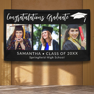 Congratulations Grad Cap Black 3 Photo Graduation Banner