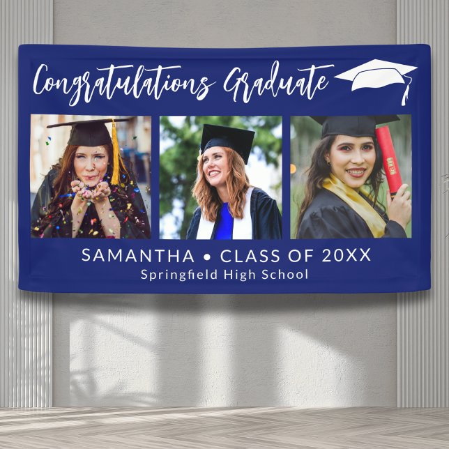 Congratulations Grad Cap Blue 3 Photo Graduation Banner (Creator Uploaded)