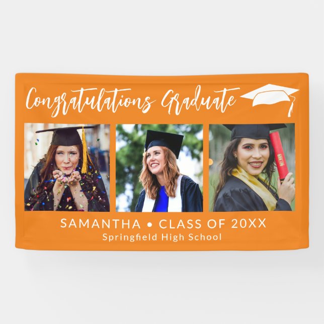 Congratulations Grad Cap Orange 3 Photo Graduation Banner (Horizontal)