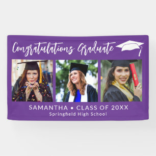 Congratulations Grad Cap Purple 3 Photo Graduation Banner