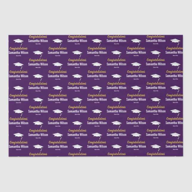 Congratulations Grad Name Dark Purple Gold White Tissue Paper (Front)