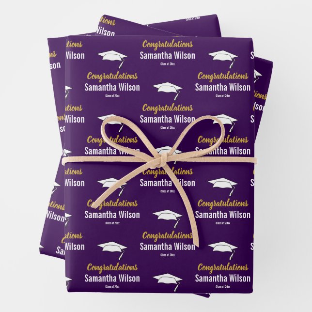 Congratulations Grad Name Dark Purple Gold White Wrapping Paper Sheet (In situ)