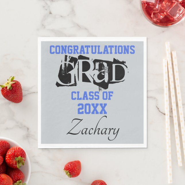 Congratulations Grad NAME Silver Blue Napkin (Insitu)