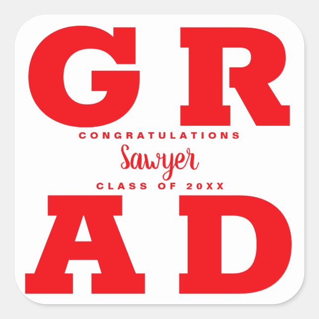 Congratulations Grad Red and White Square Sticker (Front)