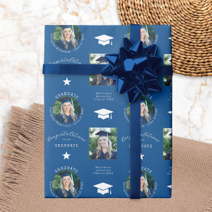 Congratulations Graduate 2 Photo Blue Graduation Wrapping Paper