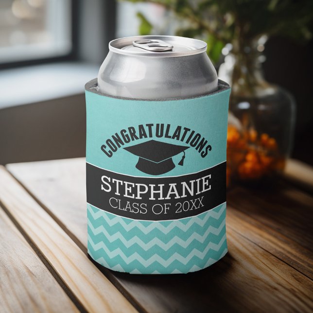 Congratulations Graduate - Aqua Black Graduation Can Cooler (Personalized can cooler - congratulations to the graduate)