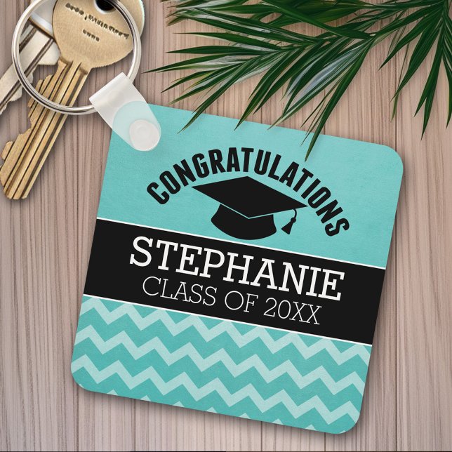 Congratulations Graduate - Aqua Black Graduation Key Ring (Personalized graduation keychain)