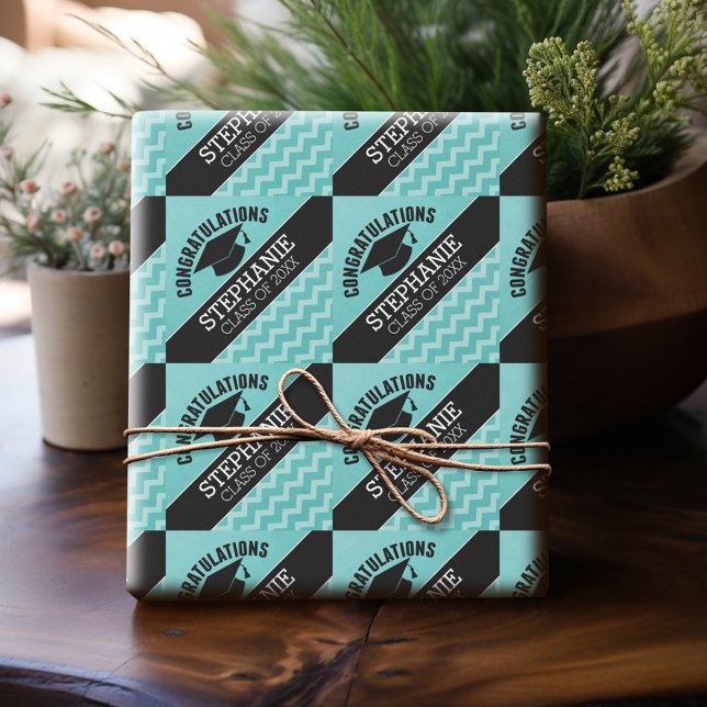 Congratulations Graduate - Aqua Black Graduation Wrapping Paper (Personalized Graduation Wrapping Paper)
