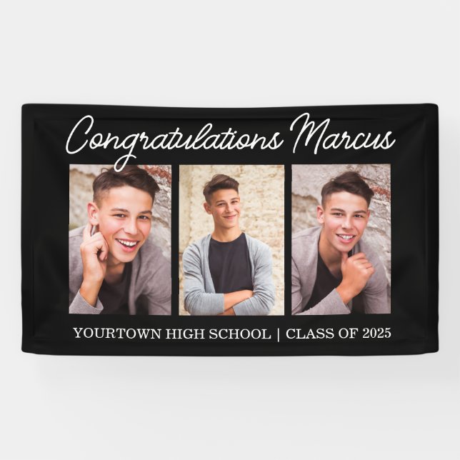 Congratulations Graduate Black 3 Photo Party Banner (Horizontal)
