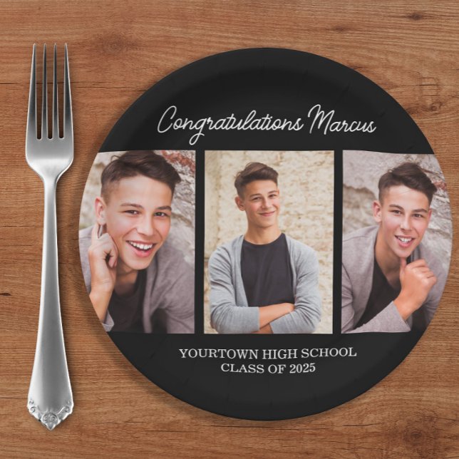 Congratulations Graduate Black 3 Photo Party Paper Plate (3-photo black and white graduation party paper plates.)