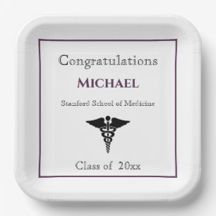 Congratulations Graduate Caduceus Burgundy White Paper Plate