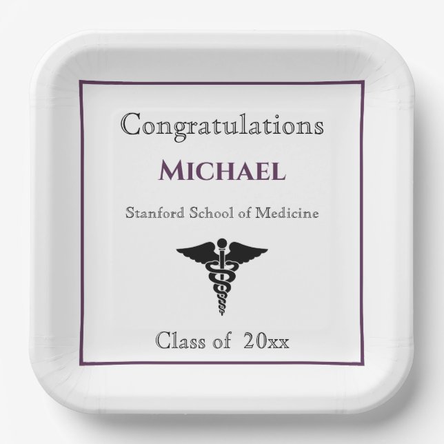 Congratulations Graduate Caduceus Burgundy White Paper Plate (Front)