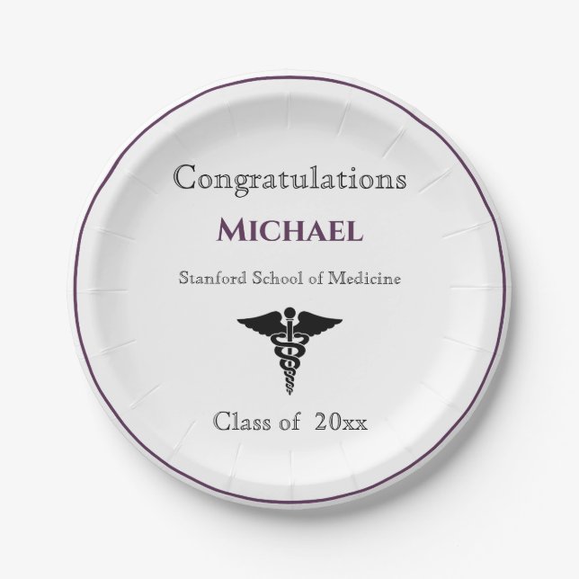 Congratulations Graduate Caduceus Burgundy White Paper Plate (Front)