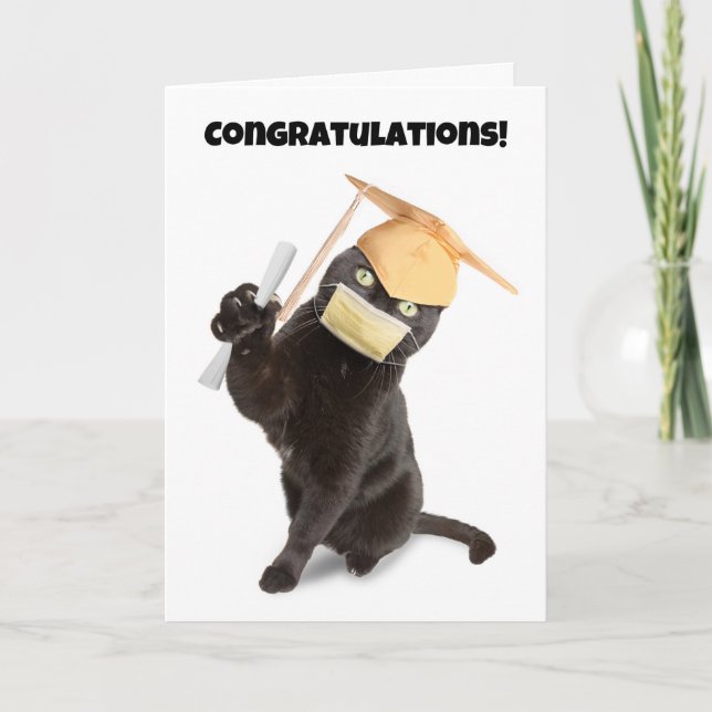 Congratulations Graduate Cat in Face Mask Humour Holiday Card (Front)