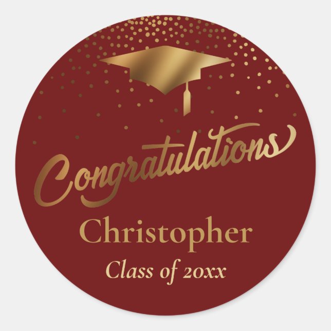 Congratulations Graduate, Class of Gold Burgundy Classic Round Sticker (Front)