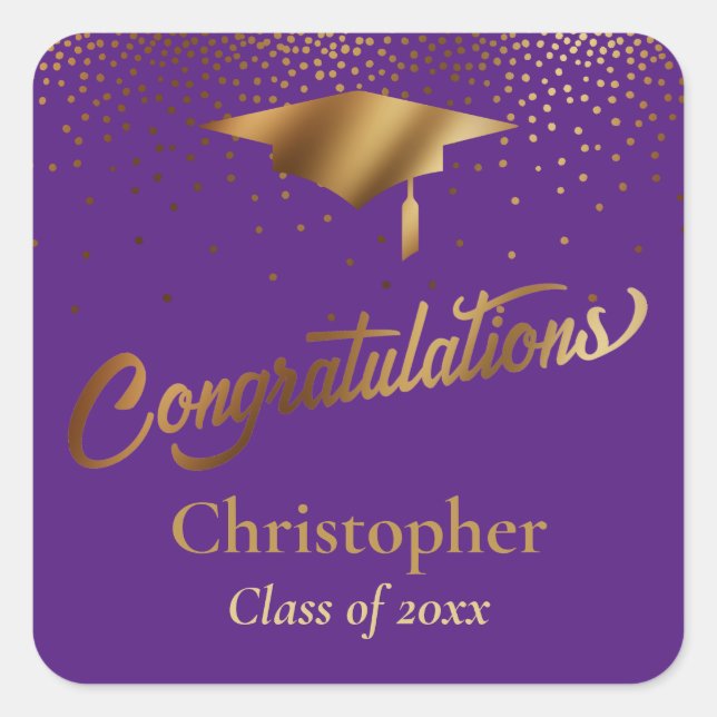 Congratulations Graduate, Class of Gold on Purple Square Sticker (Front)