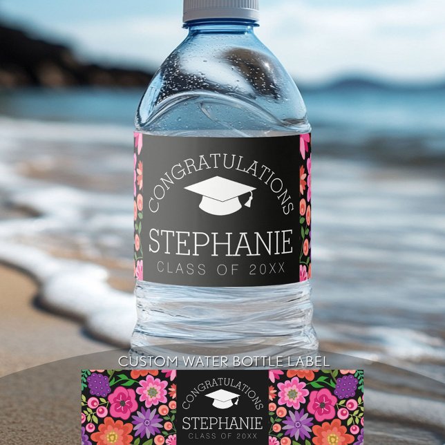 Congratulations Graduate Girly Flowers Graduation Water Bottle Label (Custom Graduation Water Bottle Label)