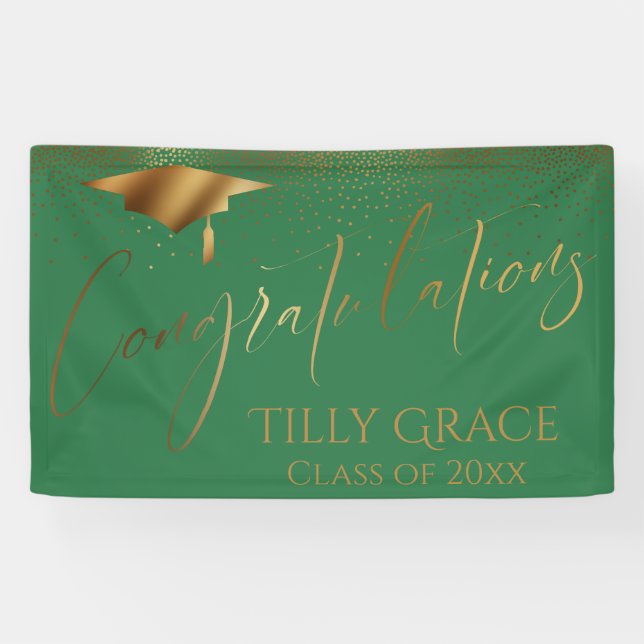 Congratulations Graduate Gold Confetti on Green Banner (Horizontal)