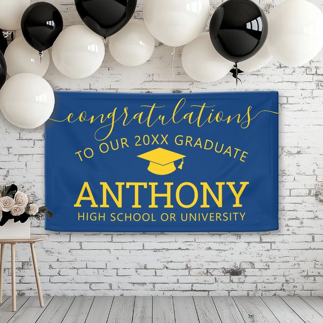 Congratulations Graduate - Grad navy gold virtual Banner (Custom Graduation Banner for a Grad Party or Open House)