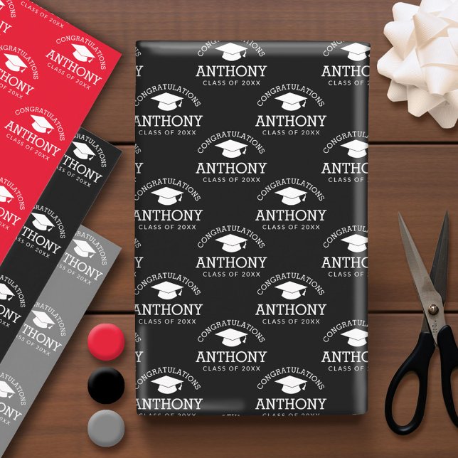 Congratulations Graduate Graduation Cap red black Wrapping Paper Sheet (Custom Graduation Wrapping Paper)