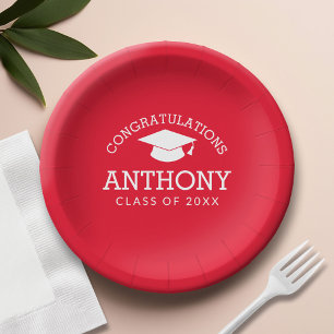 Congratulations Graduate Graduation Cap red white Paper Plate