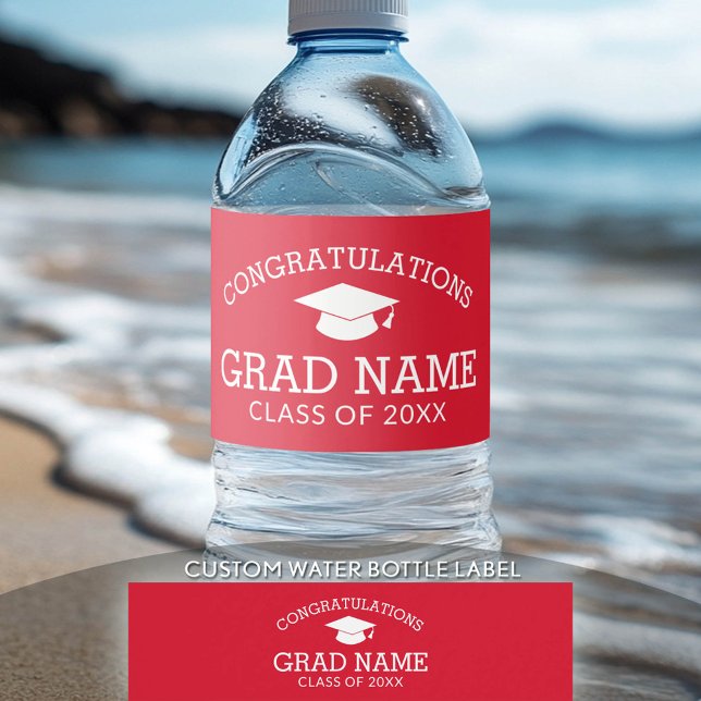Congratulations Graduate Graduation Cap red white Water Bottle Label (Custom Graduation Water Bottle Label)