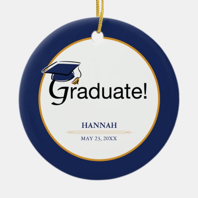 Congratulations Graduate, Hat, Tassel, Blue, Gold Ceramic Tree Decoration (Front)