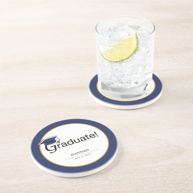 Congratulations Graduate, Hat, Tassel, Blue, Gold Coaster (Side)